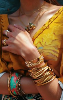 a womans upper body with nice shirt and many bracelets in gold on her wrist